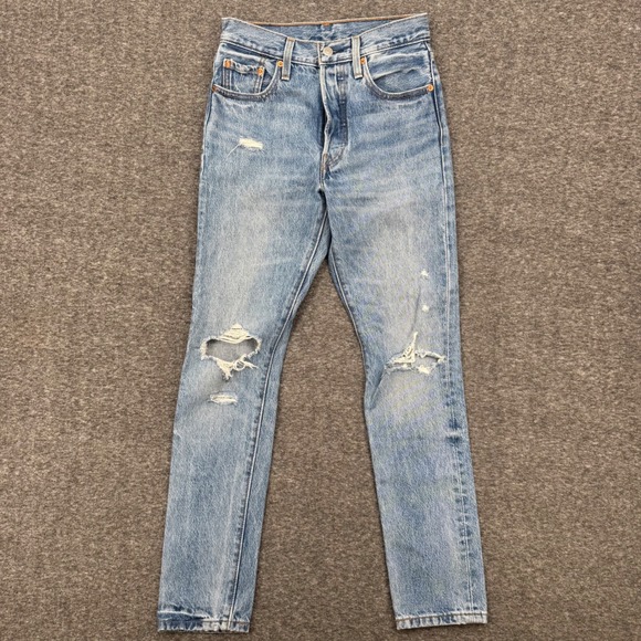 Levis 501 Skinny Jeans Womens 24x30 Light Wash Distressed Button Fly Denim Long - Picture 2 of 11